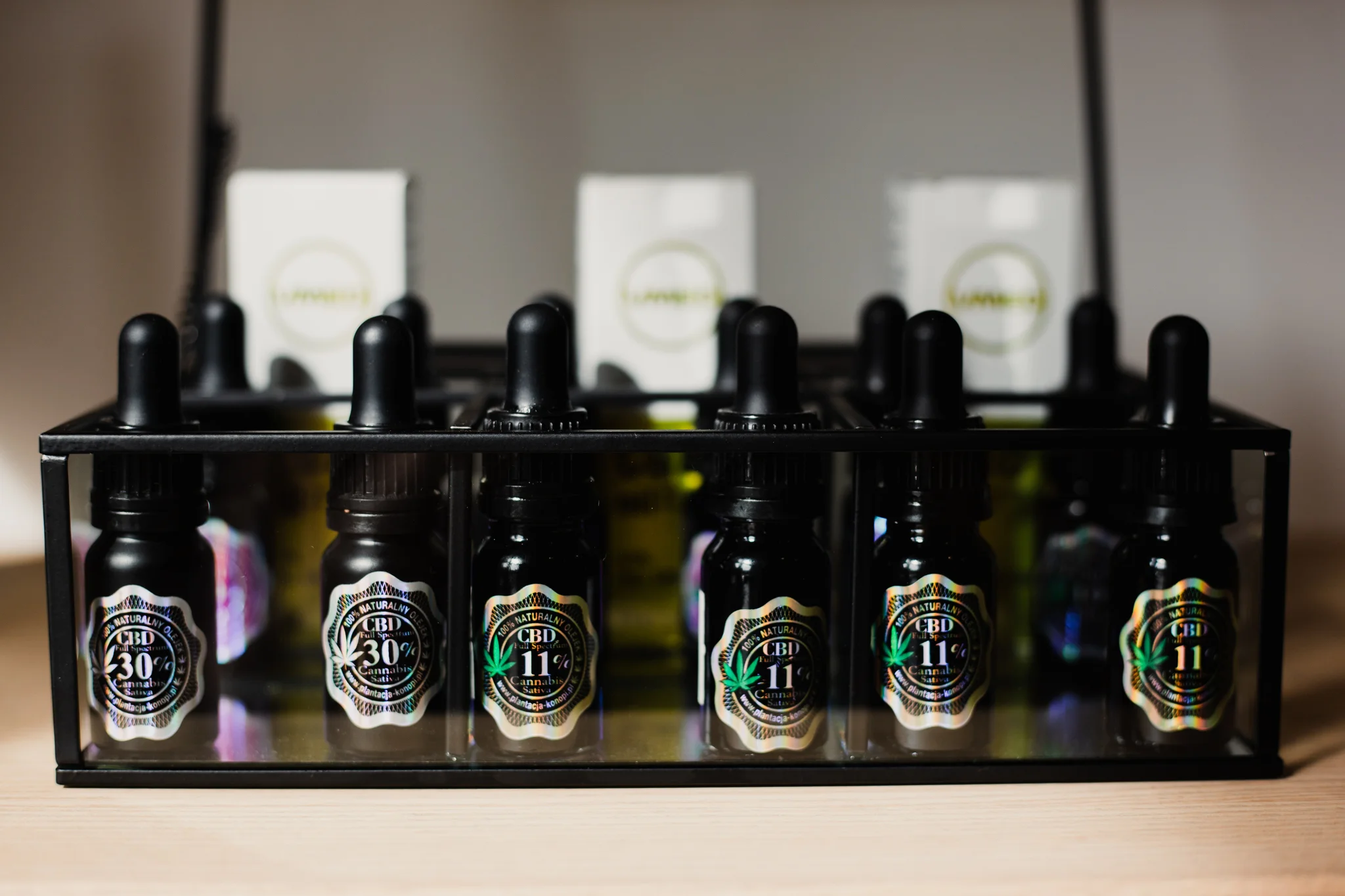To zdjęcie przedstawia buteleczki olejku CBD w Bielawie i Dzierżoniowie, podkreślając różnorodność produktów dostępnych na rynku związanych z kannabidoidami. Ich wygląd wskazuje na różne stężenia i możliwości zastosowania w codziennej pielęgnacji i zdrowiu.
